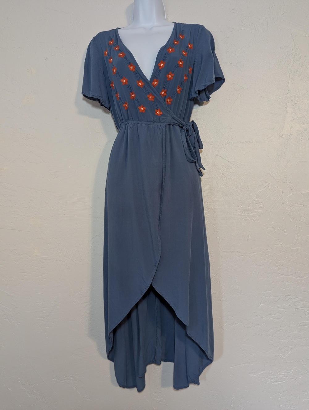 Blue Cottagecore Wrap Dress Boho Floral Embroidery Flowy Hippie Casual Summer